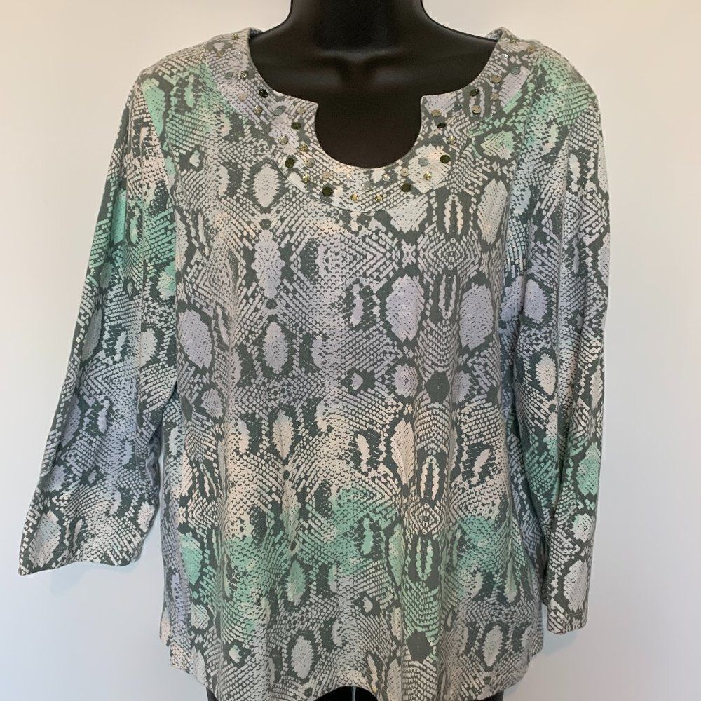 Hearts of Palm Snakeskin Print Jeweled Neckline Shirt